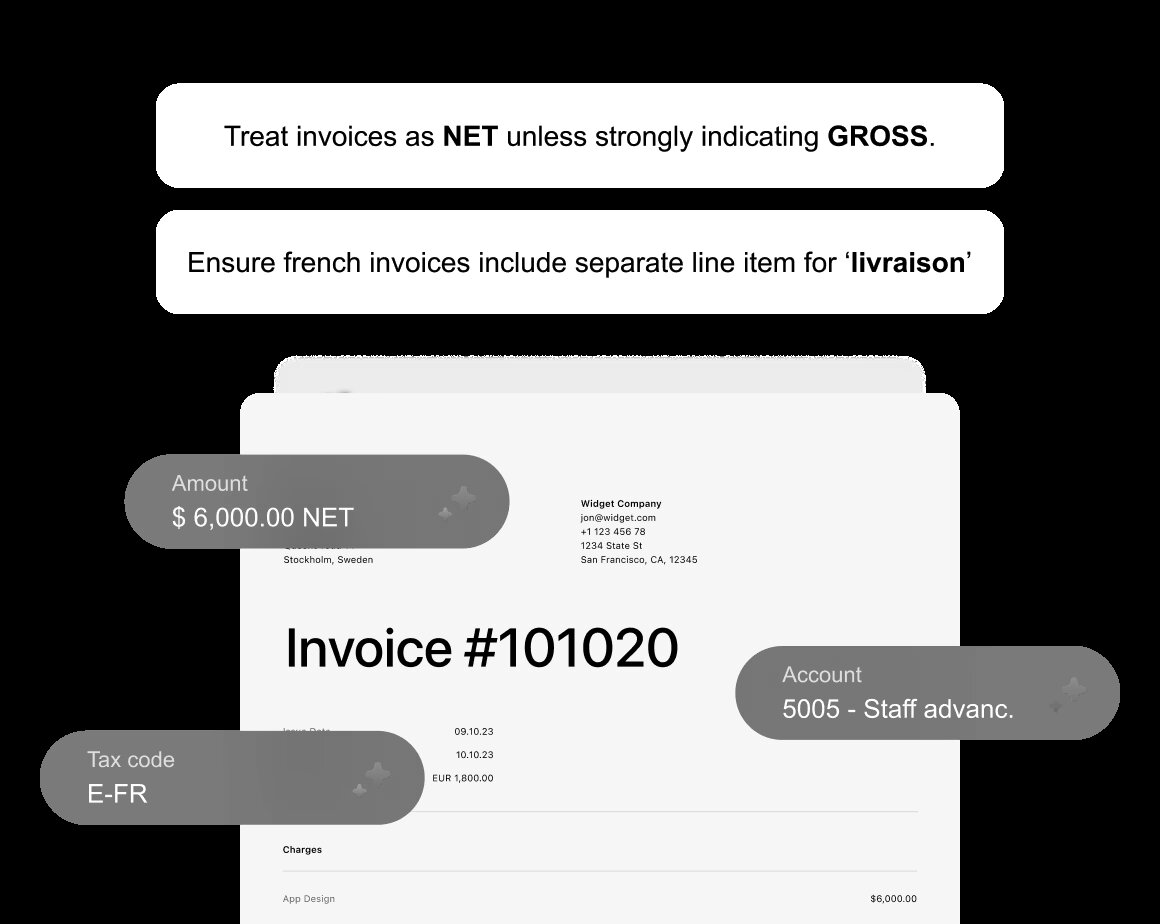 An invoice with AI-extracted amount, tax code, and account, plus custom extraction rules