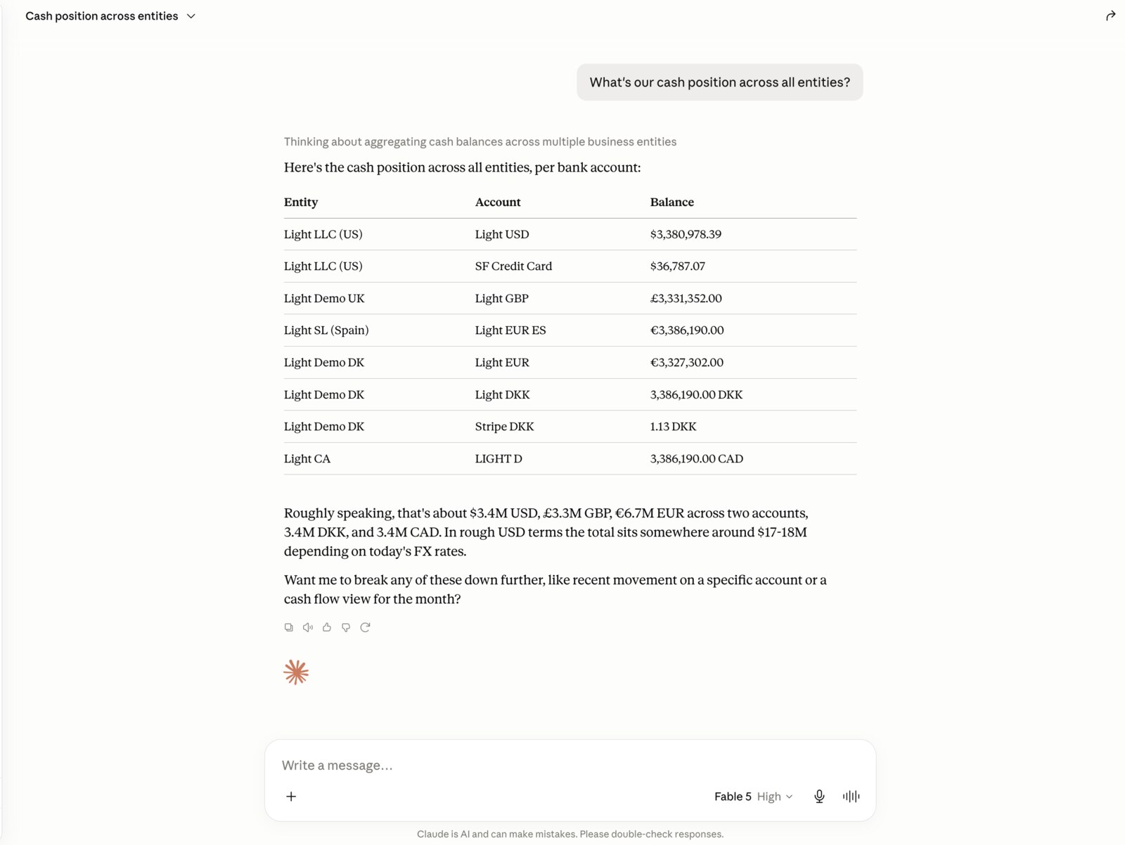 A Claude conversation answering a cash-position question with a table of entities and balances from Light
