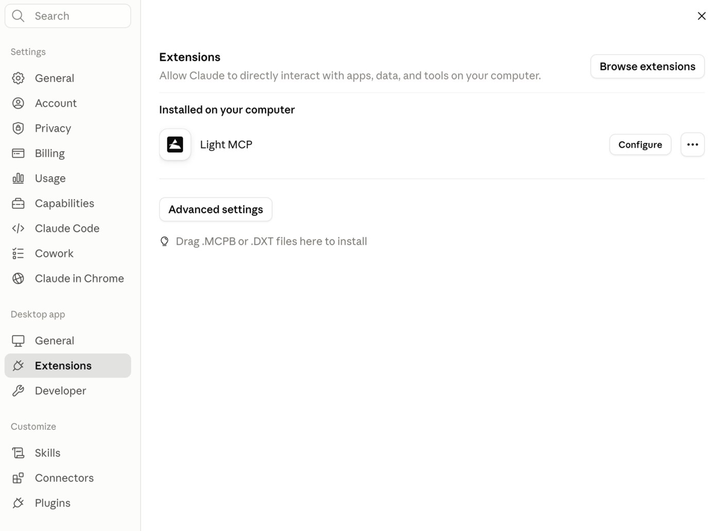 Claude's extensions settings showing the Light MCP installed