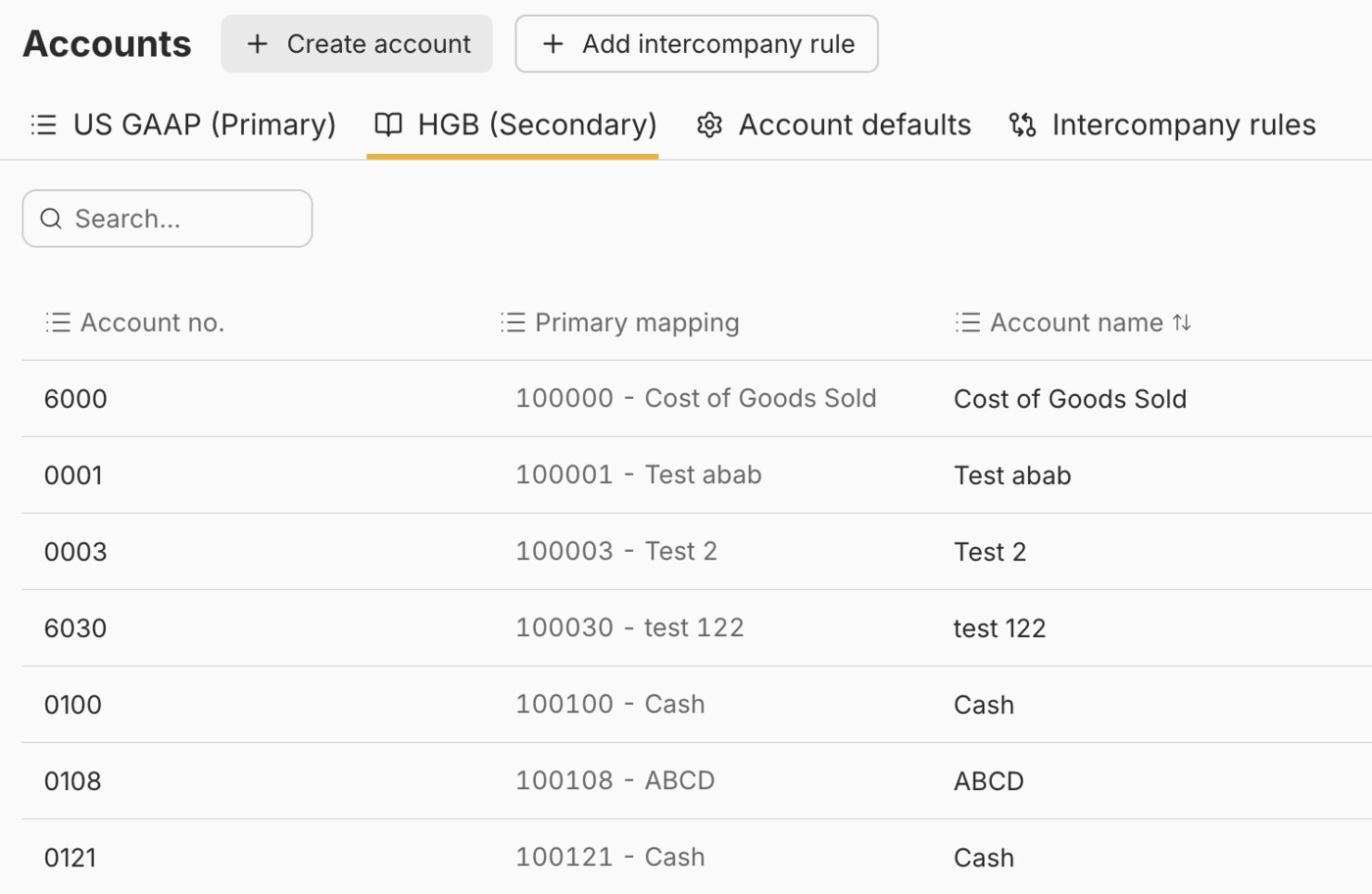 Light's accounts view with US GAAP as primary and HGB as secondary book, accounts mapped between them
