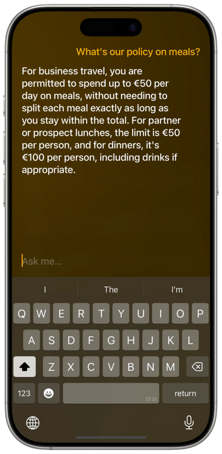 The Light app answering a question about the company's meal policy