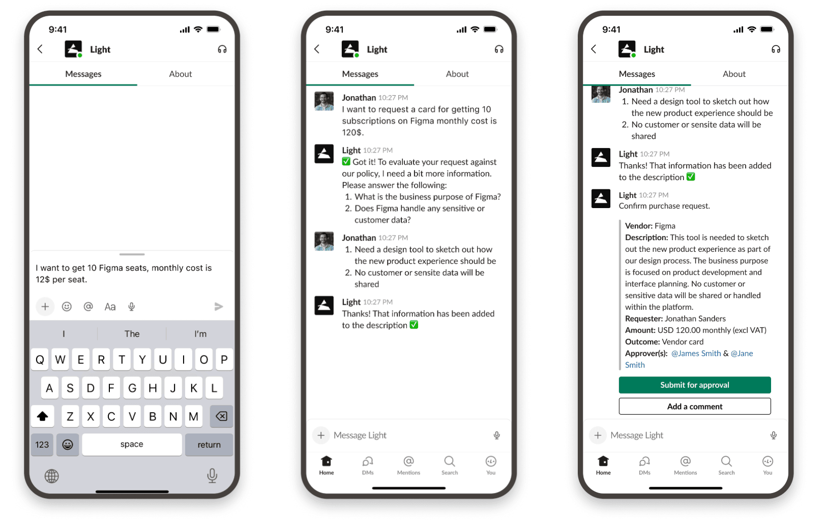 Requesting Figma seats conversationally, with the agent evaluating the request against policy