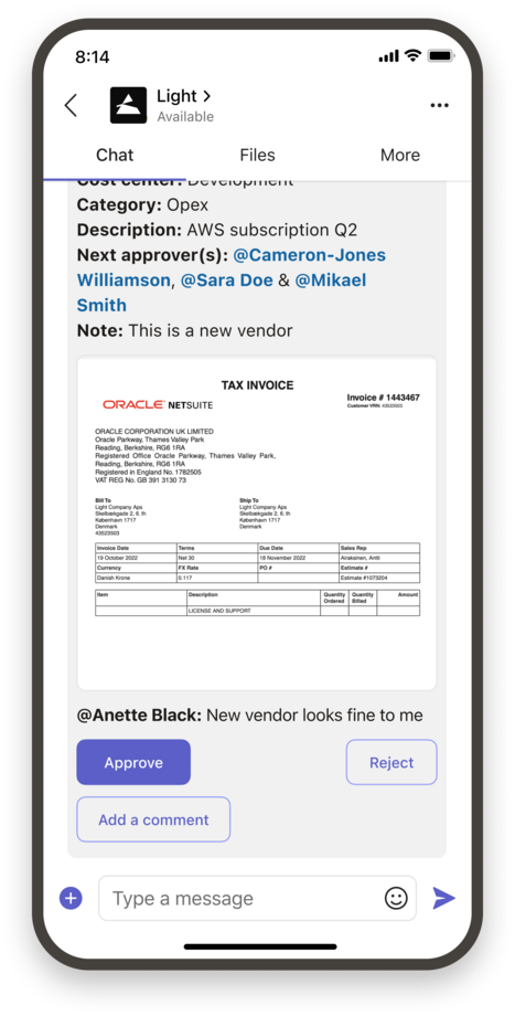 A Teams chat where Light presents an invoice with category, approvers, and Approve and Reject buttons