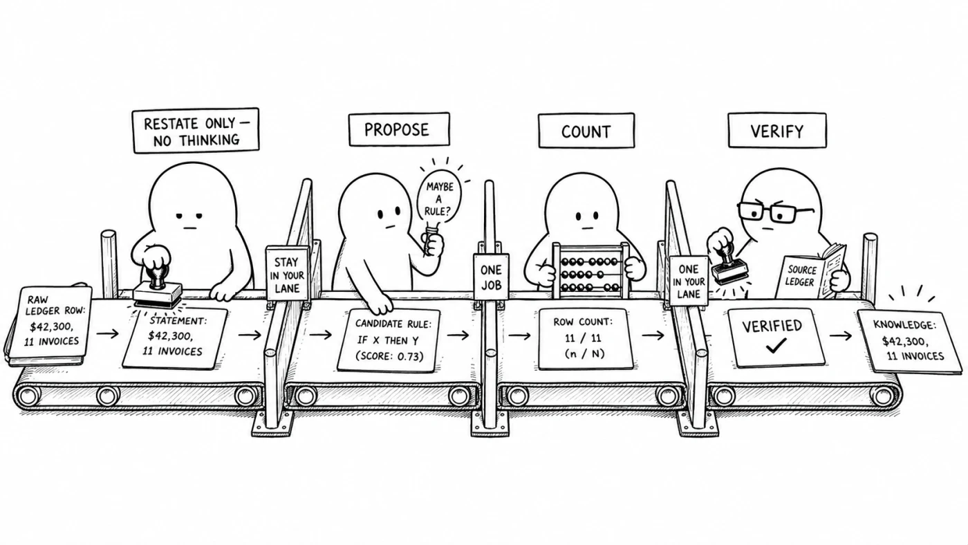 A hand-drawn cartoon of a factory conveyor belt with four bean-like workers, each penned into its own station and allowed exactly one job. Left to right: "restate only — no thinking" stamps a raw ledger row into a plain statement; "propose" suggests a candidate rule ("maybe a rule?"); "count" tallies rows on an abacus (11/11, n/N); "verify", wearing glasses, checks the claim against the source ledger and stamps it Verified. A raw ledger row enters at left and exits as verified knowledge. Signs on the rails read "stay in your lane" and "one job".