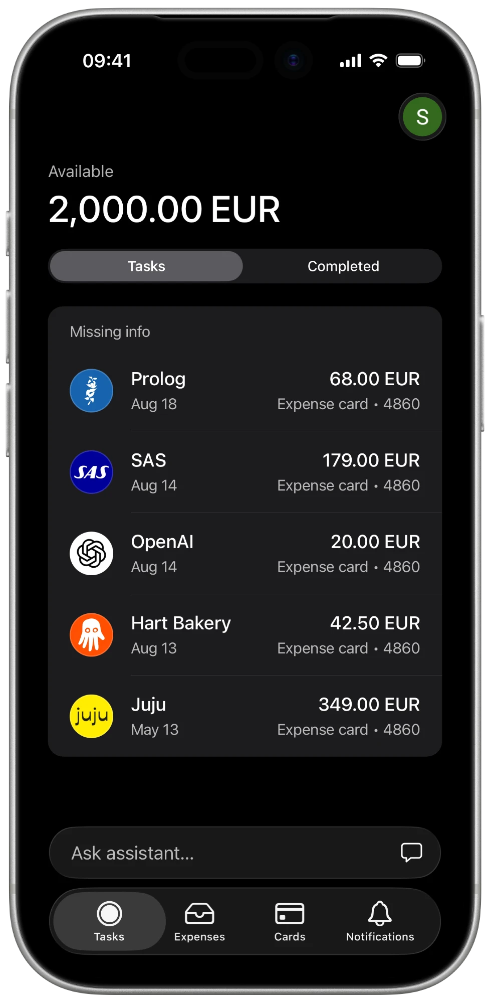 Light mobile app showing available balance and a list of expense tasks awaiting info